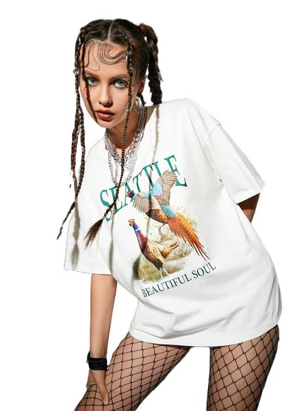 

drop shoulder slogan and animal print v37t#, White