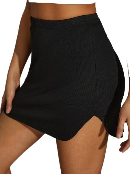 

high waist split hem skirt 27sn#, Black