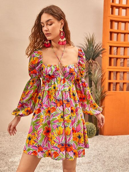 

floral print lantern sleeve crisscross knot front dress y72k#, Black;gray