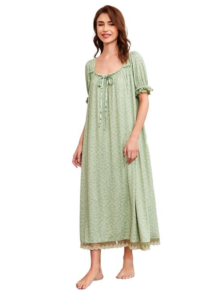 

lace trim bow detail allover heart print sleepdress h0ne#, Black;red