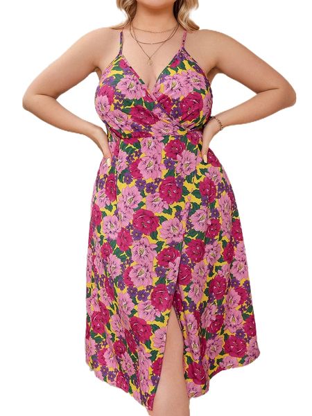 

plus allover floral print criss-cross back wrap hem cami dress n7zr#, Black