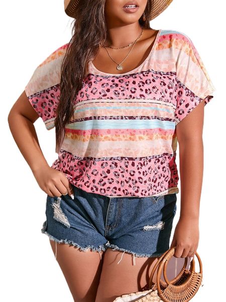 

plus leopard print batwing sleeve tee d2kv#, Black