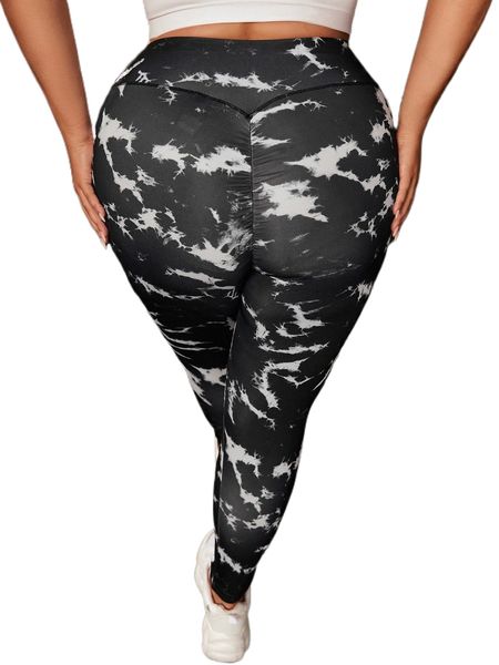 

plus tie dye wide waistband sports leggings j2uh#, Black