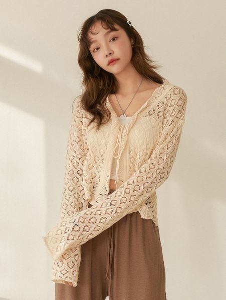 

dazy pointelle knit drop shoulder knot front cardigan c6sk#, White;black