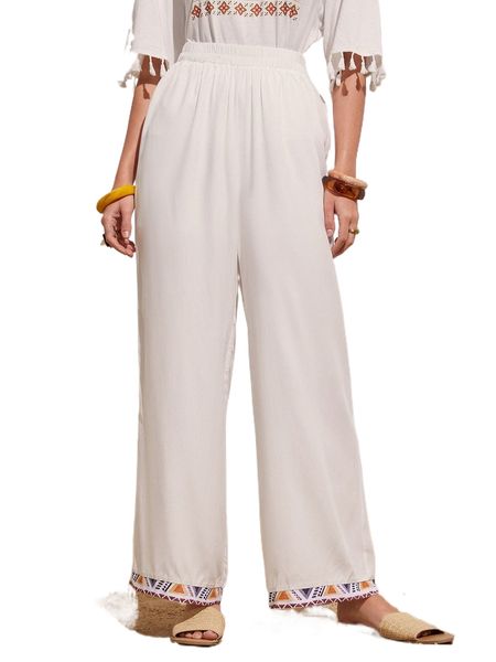 

geo print trim high waist wide leg pants u35i#, Black;white