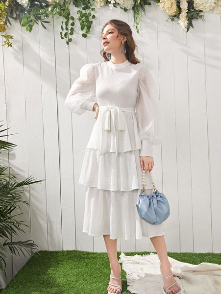 

belted lantern sleeve layered hem dress 18a7#, Black;gray