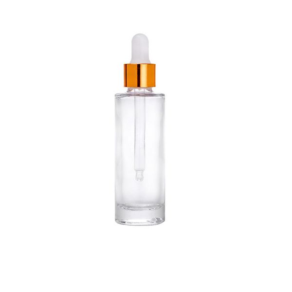 Bottiglie di olio essenziale in vetro trasparente Flacone di profumo contagocce pipetta lunga rotonda da 30 ml 1 oz con tappo dorato