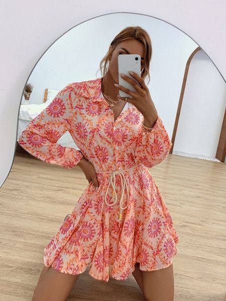 

allover print godet hem belted shirt dress r4bk#, Black;gray