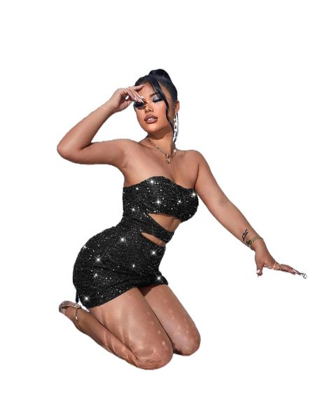

sxy cut out wrap sequin bodycon tube dress d1b5#, Black;gray