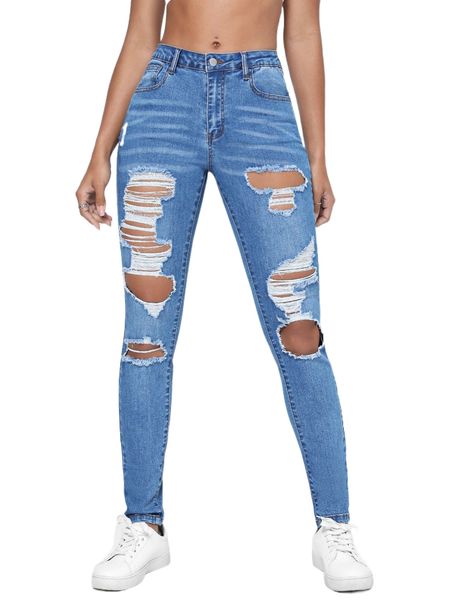 

cut out ripped frayed skinny jeans r6tg#, Blue