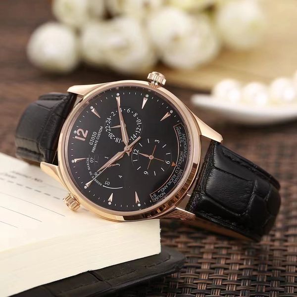 

42mm mens automatic watch mechanical sapphire dual time zone rose gold black brown leather, Slivery;brown