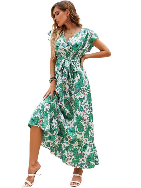 

paisley print belted a-line dress 81qp#, Black;gray