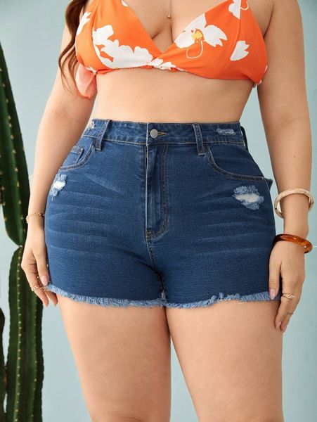 

plus ripped raw hem denim shorts m1di#, White;black