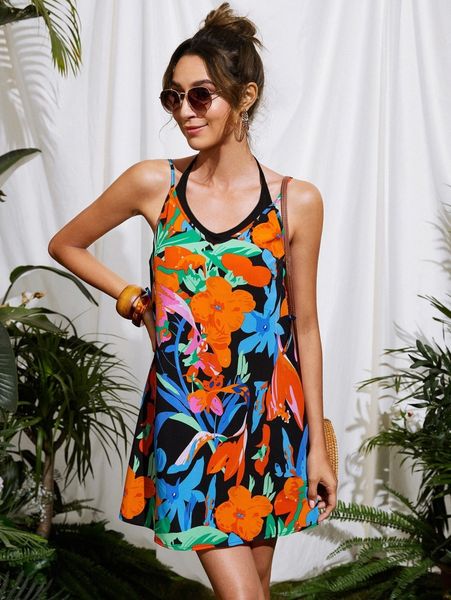 

tie back 2 in 1 floral print cami dress t2pi#, Black;gray