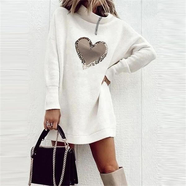 

women casual heart print zip turtleneck dress elegant autumn warm sweatshirt dresses lady vintage long sleeve mini dress vestido 220317, Black;gray