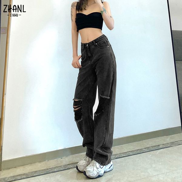 

spring autumn women's ripped jeans high waist loose straight pants wide leg femme beggar hole y2k streetwear, Blue