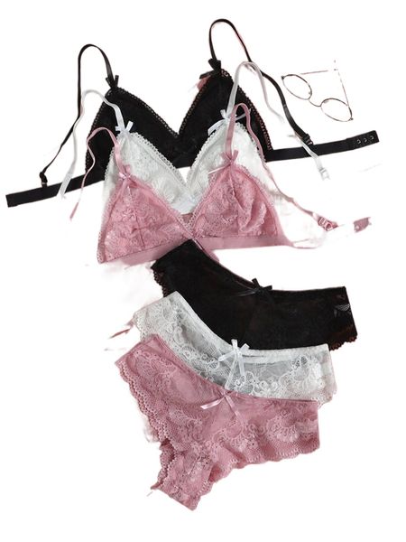 

3sets floral lace bow decor lingerie set z9el#, Black;red