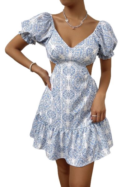 

allover print puff sleeve cut out ruffle hem dress 84ku#, Black;gray