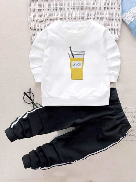 

toddler girls drink cup print tee & tape side pants she, White