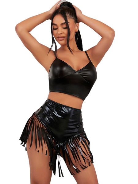 

sxy high waist fringe hem pu leather shorts t95f#, White;black