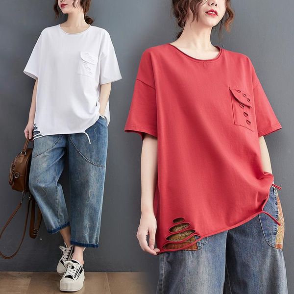 Frauen T-Shirt Ankunft Korea Stil Oansatz Gebrochenes Loch Street Fashion Chic Mädchen Sommer T Shirts Lose Tops Frauen Casual TeesWomen's