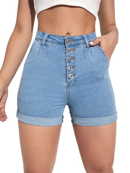 

button front roll up hem denim biker shorts n36u#, White;black