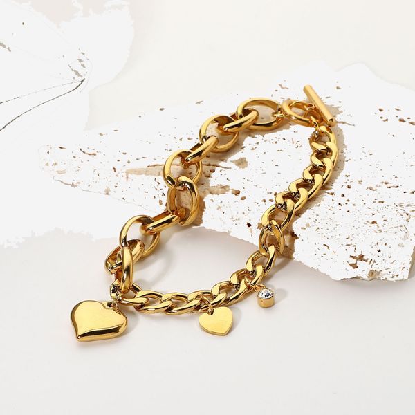 

charm chain 18k gold plated ot buckle fashion bangles with cubic zircon heart jewelry stainless steel chunky cuban chain bracelet jdb201119, Black