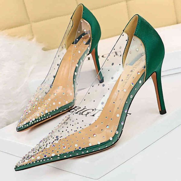 

bigtree shoes sparkle rhinestones kitten heels women pumps pvc transparent high pointed toe new banquet 220531, Black