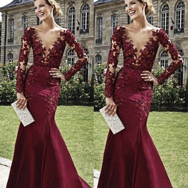 Abiti da sera eleganti a sirena bordeaux Manica lunga Illusion Appliques in pizzo Abiti da ballo sexy con perline Abito per occasioni speciali di classe 2022