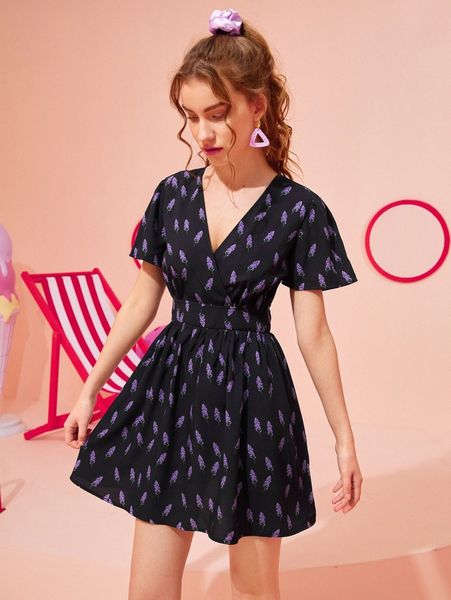 

x yichun xie floral print flounce sleeve dress c6lj#, Black;gray