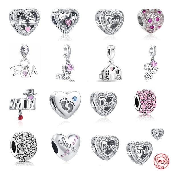 925 STERLING Gümüş Dungle Charm Aile Kolye Mom Dad Charm Sonsuza Kadar Aşk Boncuk Fit Pandora Charms Bilezik Diy Takı Aksesuarları