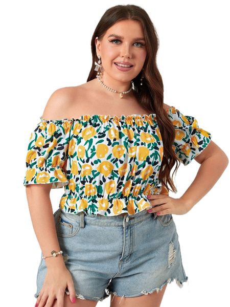 

plus all over print off the shoulder frill trim blouse 19vi#, Black