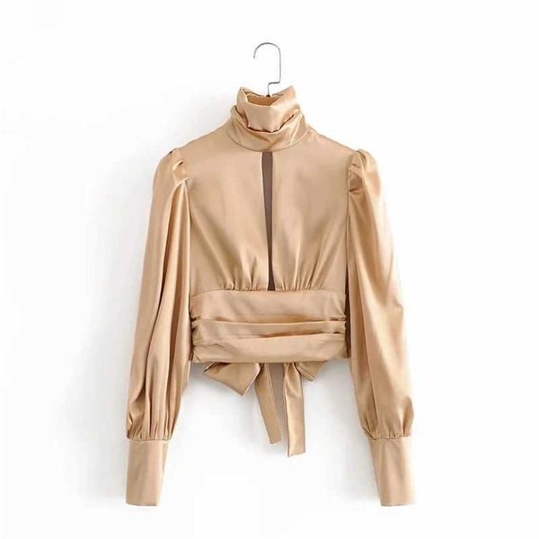 

women high neck ruched satin open-back lace-up long cuffed slleeves elegant chic ropa mujer femme t-shirts 210709, White