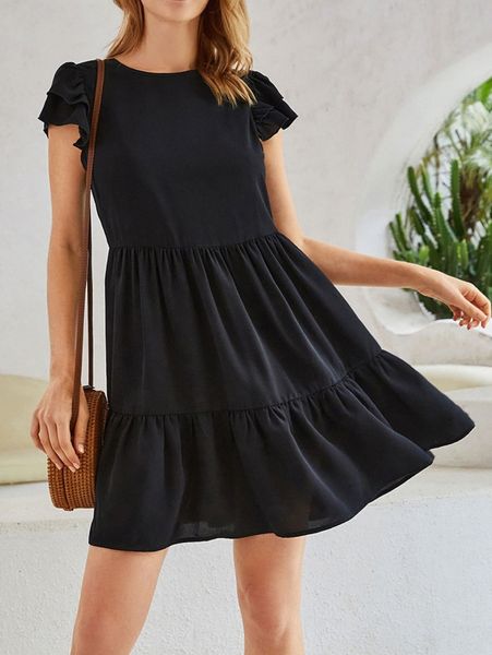 

layered sleeve ruffle hem dress z3sx#, Black;gray