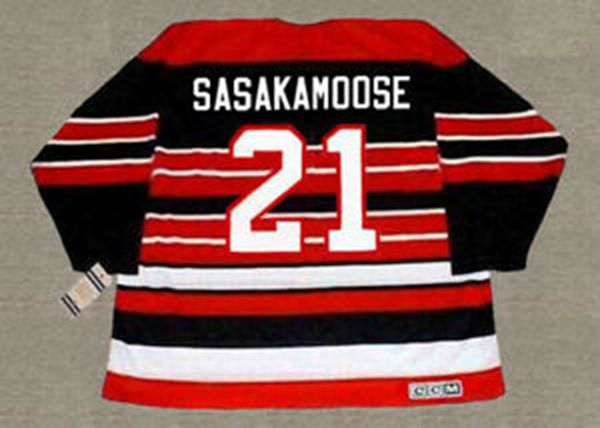 Mi08 Herren Anpassen 1950 Fred Sasakamoose 21 Hockey-Trikots Vintage Schwarz Rot genähte CCM-Hemden M-XXXL