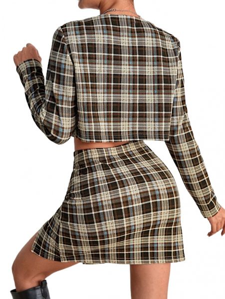 

plaid single button crop & split thigh skirt r2s8#, White