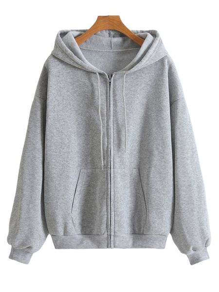 

solid drawstring pocket zip up thermal lined hoodie i10y#, Black