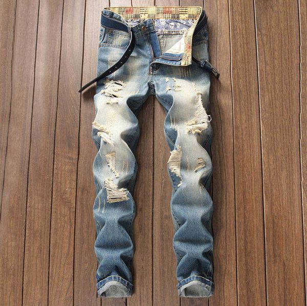 

jeans ripped mens european and american style new youth retro plus size frayed pants straight trousers jean, Blue