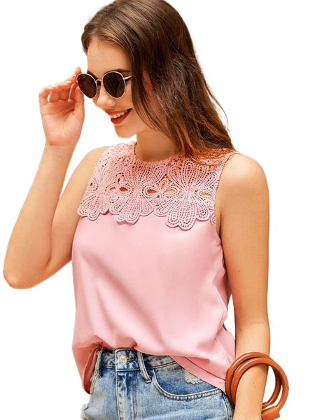 

guipure lace insert keyhole back blouse a6xa#, White