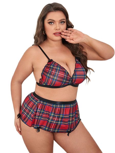 

plus tartan school girl costume set b1n1#, Black;white