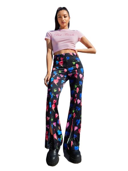 

allover heart print slit hem flare leg pants k12z#, Black;white