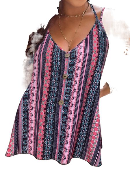 

plus allover print fake button tie back cami x5u9#, Black