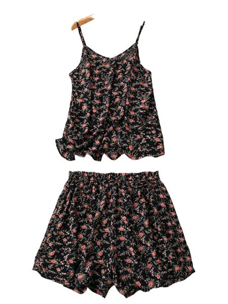 

plus ditsy floral print cami & shorts n9ue#, Black
