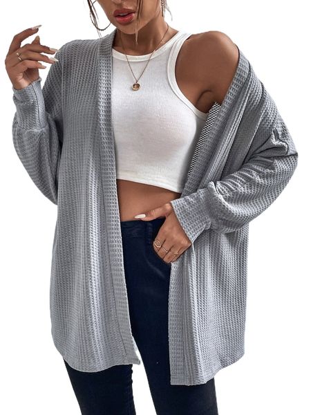 

dolman sleeve open front waffle knit coat l80n#, Black