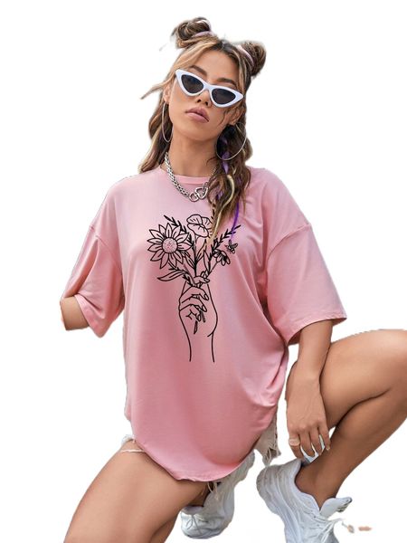 

figure & floral print drop shoulder oversized tee e0ih#, White