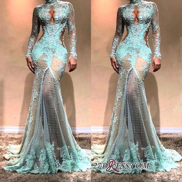 2023 High Neck Prom Dresses Long Sleeves Mermaid Evening Dresses Illusion Lace Formal Cutaway Side Celebrity Gowns BC0003 GC1222