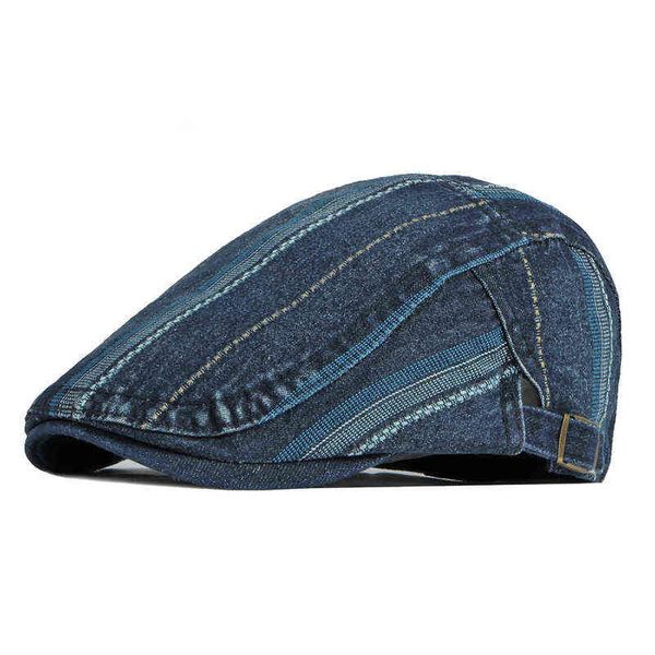 

spring summer men beret hats washed denim striped fishbone cap forward hat women casual sunshade cabbie riding hat j220722, Blue;gray