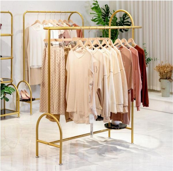 

corridor rack commercial furniture clothing store creative circular shoe shelf double row floor type golden clothes hanger women's clot