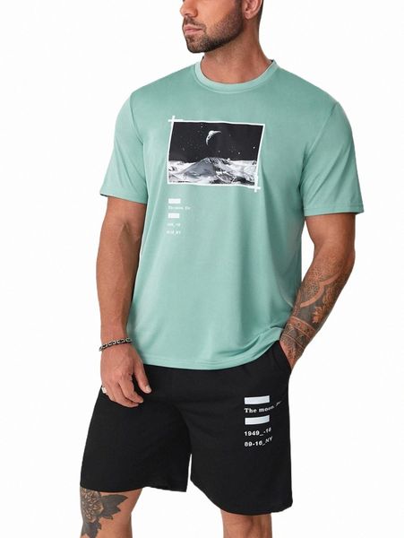 

extended sizes men letter & planet print tee & shorts 77ka#, Gray