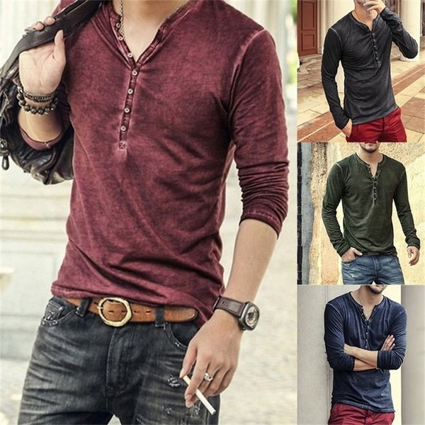 Erkekler Tişört V Boyun Uzun Kollu Tee Üstler Şık İnce Düğmeler T Shirt Sonbahar Günlük Katı Erkek Giyim Artı Boyut 3xl 220618
